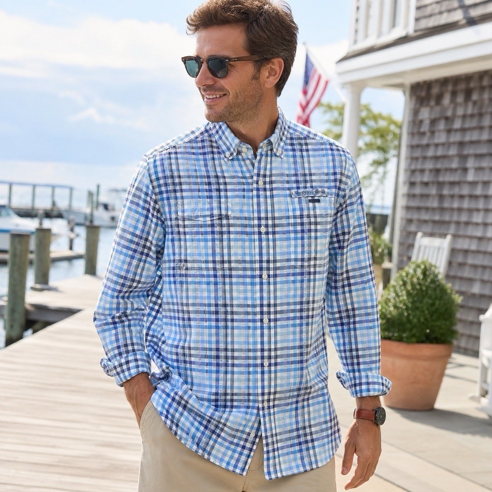 Vineyard Vines Harbor Shirt Mens Medium Blue Plaid Button Front Performance Fish